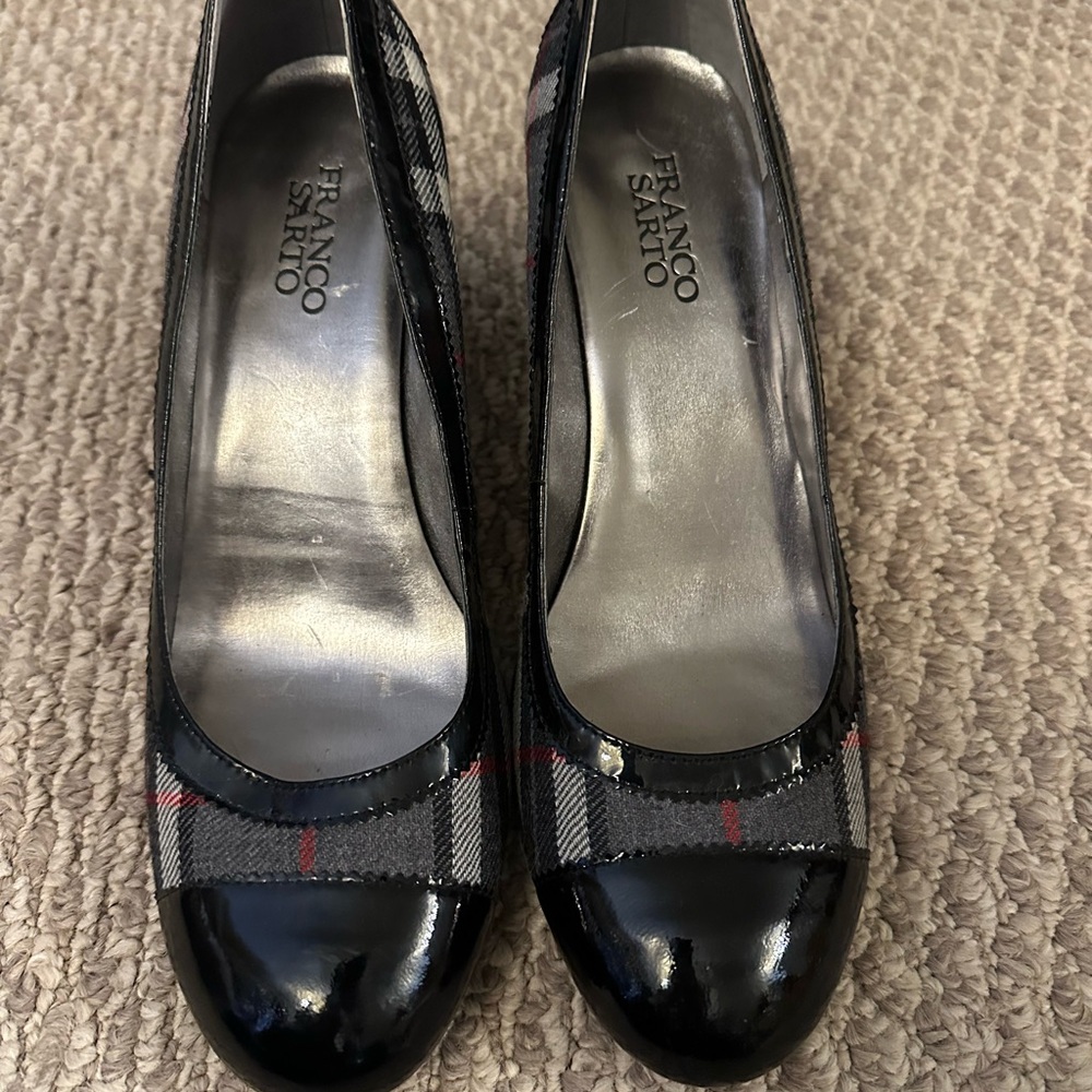 Franco Sarto Black and Gray Plaid Heels